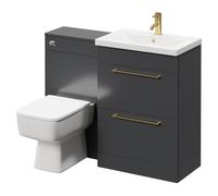 Napoli 390 Vanity Unit Toilet Suite with 1 Tap Hole Basin and 2 Drawers with Brushed Brass Handles | Gloss Grey | ABS Polished Chrome | 1100mm