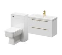 Napoli 390 Wall Mounted Vanity Unit Toilet Suite with 1 Tap Hole Basin and 2 Drawers with Brushed Brass Handles | Gloss White | ABS Polished Chrome | 1300mm