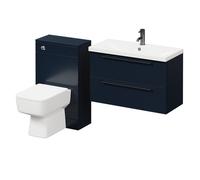 Napoli 390 Wall Mounted Vanity Unit Toilet Suite with 1 Tap Hole Basin and 2 Drawers with Gunmetal Grey Handles | Deep Blue | ABS Polished Chrome | 1300mm