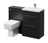 Napoli Cento 390 Vanity Unit Toilet Suite with 1 Tap Hole Basin and 2 Doors with Brushed Brass Handles | Nero Oak | MDF | 1200mm