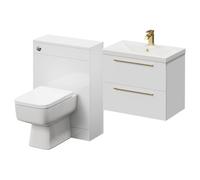 Napoli Cento 390 Vanity Unit Toilet Suite with 1 Tap Hole Basin and 2 Drawers with Brushed Brass Handles | Gloss White | MDF | 1200mm
