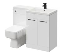 Napoli Combination Gloss White Vanity Unit Toilet Suite with Right Hand L Shaped 1 Tap Hole Basin and 2 Doors with Matt Black Handles | Chrome | Plastic | 1100mm
