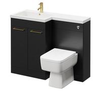 Napoli Combination Vanity Unit Toilet Suite with Left Hand L Shaped 1 Tap Hole Basin and 2 Doors with Brushed Brass Handles | Nero Oak | Plastic | 1100mm