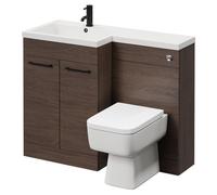 Napoli Combination Vanity Unit Toilet Suite with Left Hand L Shaped 1 Tap Hole Basin and 2 Doors with Matt Black Handles | Brown Oak | MDF | 1100mm