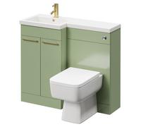 Napoli Combination Vanity Unit Toilet Suite with Left Hand L Shaped 1 Tap Hole Basin and 2 Doors with Brushed Brass Handles | Olive Green | Plastic | 1000mm
