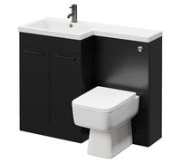Napoli Combination Vanity Unit Toilet Suite with Left Hand L Shaped 1 Tap Hole Basin and 2 Doors with Gunmetal Grey Handles | Nero Oak | Plastic | 1100mm