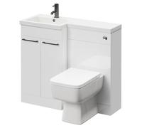 Napoli Combination Vanity Unit Toilet Suite with Left Hand L Shaped 1 Tap Hole Basin and 2 Doors with Gunmetal Grey Handles | Gloss White | Plastic | 1000mm