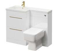 Napoli Combination Vanity Unit Toilet Suite with Left Hand L Shaped 1 Tap Hole Basin and 2 Drawers with Brushed Brass Handles | Gloss White | Plastic | 1100mm
