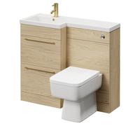 Napoli Combination Vanity Unit Toilet Suite with Left Hand L Shaped 1 Tap Hole Basin and 2 Drawers with Brushed Brass Handles | Light Oak | MDF | 1000mm