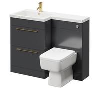 Napoli Combination Vanity Unit Toilet Suite with Left Hand L Shaped 1 Tap Hole Basin and 2 Drawers with Brushed Brass Handles | Gloss Grey | Plastic | 1100mm