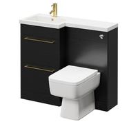 Napoli Combination Vanity Unit Toilet Suite with Left Hand L Shaped 1 Tap Hole Basin and 2 Drawers with Brushed Brass Handles | Nero Oak | Plastic | 1000mm