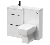 Napoli Combination Vanity Unit Toilet Suite with Left Hand L Shaped 1 Tap Hole Basin and 2 Drawers with Matt Black Handles | Gloss White | Plastic | 1000mm