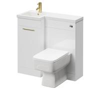 Napoli Combination Vanity Unit Toilet Suite with Left Hand L Shaped 1 Tap Hole Basin and Single Door with Brushed Brass Handle | Gloss White | Plastic | 900mm