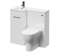 Napoli Combination Vanity Unit Toilet Suite with Left Hand L Shaped 1 Tap Hole Round Basin and Single Door with Gunmetal Grey Handle | Gloss White | Plastic | 900mm
