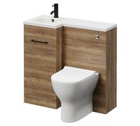 Napoli Combination Vanity Unit Toilet Suite with Left Hand L Shaped 1 Tap Hole Round Basin and Single Door with Matt Black Handle | Tobacco Oak | Plastic | 900mm