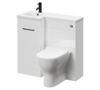 Napoli Combination Vanity Unit Toilet Suite with Left Hand L Shaped 1 Tap Hole Round Basin and Single Door with Matt Black Handle | Gloss White | Plastic | 900mm