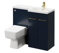 Napoli Combination Vanity Unit Toilet Suite with Right Hand L Shaped 1 Tap Hole Basin and 2 Doors with Brushed Brass Handles | Deep Blue | Plastic | 1000mm