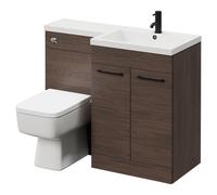 Napoli Combination Vanity Unit Toilet Suite with Right Hand L Shaped 1 Tap Hole Basin and 2 Doors with Matt Black Handles | Brown Oak | MDF | 1100mm