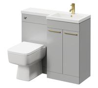 Napoli Combination Vanity Unit Toilet Suite with Right Hand L Shaped 1 Tap Hole Basin and 2 Doors with Brushed Brass Handles | Gloss Grey Pearl | Plastic | 1000mm
