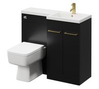 Napoli Combination Vanity Unit Toilet Suite with Right Hand L Shaped 1 Tap Hole Basin and 2 Doors with Brushed Brass Handles | Matt Black | Plastic | 1000mm
