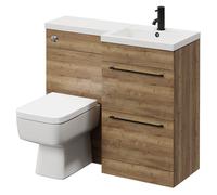 Napoli Combination Vanity Unit Toilet Suite with Right Hand L Shaped 1 Tap Hole Basin and 2 Drawers with Matt Black Handles | Tobacco Oak | Plastic | 1000mm