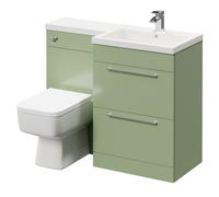 Napoli Combination Vanity Unit Toilet Suite with Right Hand L Shaped 1 Tap Hole Basin and 2 Drawers with Polished Chrome Handles | Olive Green | MDF | 1100mm