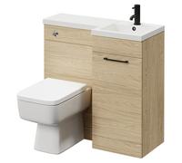Napoli Combination Vanity Unit Toilet Suite with Right Hand L Shaped 1 Tap Hole Basin and Single Door with Matt Black Handle | Light Oak | MDF | 900mm