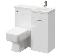 Napoli Combination Vanity Unit Toilet Suite with Right Hand L Shaped 1 Tap Hole Basin and Single Door with Polished Chrome Handle | Gloss White | Plastic | 900mm