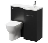 Napoli Combination Vanity Unit Toilet Suite with Right Hand L Shaped 1 Tap Hole Round Basin and Single Door with Polished Chrome Handle | Nero Oak | Plastic | 900mm