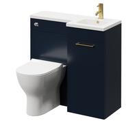 Napoli Combination Vanity Unit Toilet Suite with Right Hand L Shaped 1 Tap Hole Round Basin and Single Door with Brushed Brass Handle | Deep Blue | ABS Polished Chrome | 900mm