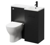 Napoli Combination Vanity Unit Toilet Suite with Right Hand L Shaped 1 Tap Hole Round Basin and Single Door with Matt Black Handle | Nero Oak | Plastic | 900mm