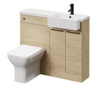 Napoli Combination Vanity Unit Toilet Suite with Right Hand Square Semi Recessed 1 Tap Hole Basin and 2 Doors with Matt Black Handles | Light Oak | MDF | 1000mm