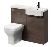 Napoli Combination Vanity Unit Toilet Suite with Right Hand Square Semi Recessed 1 Tap Hole Basin and 2 Doors with Matt Black Handles | Brown Oak | MDF | 1000mm