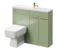 Napoli Combination Vanity Unit Toilet Suite with Slimline 1 Tap Hole Basin and 2 Doors with Brushed Brass Handles | Olive Green | Plastic | 1000mm