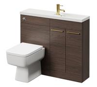 Napoli Combination Vanity Unit Toilet Suite with Slimline 1 Tap Hole Basin and 2 Doors with Brushed Brass Handles | Brown Oak | MDF | 1000mm