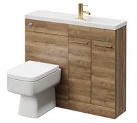 Napoli Combination Vanity Unit Toilet Suite with Slimline 1 Tap Hole Basin and 2 Doors with Brushed Brass Handles | Tobacco Oak | Plastic | 1000mm