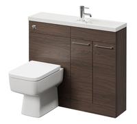 Napoli Combination Vanity Unit Toilet Suite with Slimline 1 Tap Hole Basin and 2 Doors with Polished Chrome Handles | Brown Oak | MDF | 1000mm