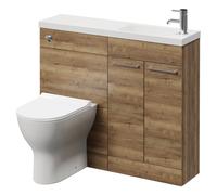 Napoli Combination Vanity Unit Toilet Suite with Slimline 1 Tap Hole Round Basin and 2 Doors with Chrome Handles | Tobacco Oak | Plastic | 1000mm