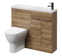 Napoli Combination Vanity Unit Toilet Suite with Slimline 1 Tap Hole Round Basin and 2 Doors with Gunmetal Grey Handles | Tobacco Oak | Plastic | 1000mm