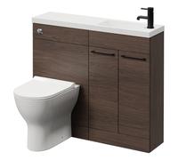 Napoli Combination Vanity Unit Toilet Suite with Slimline 1 Tap Hole Round Basin and 2 Doors with Matt Black Handles | Brown Oak | MDF | 1000mm