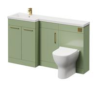 Napoli Combination Vanity Unit with Left Hand L Shaped 1 Tap Hole Basin and 3 Doors with Colore Brushed Brass Handles | Olive Green | MDF/MFC | 1500mm