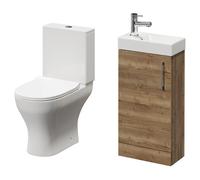 Napoli Compact Cloakroom Vanity Unit and Toilet Suite including Jubilee Open Back Toilet and Floor Standing Vanity Unit | Tobacco Oak | Plastic | 400mm