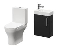 Napoli Compact Cloakroom Vanity Unit and Toilet Suite including Jubilee Open Back Toilet and Wall Mounted Vanity Unit | Nero Oak | Plastic | 400mm