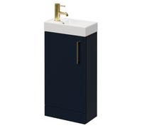 Napoli Compact Floor Standing Vanity Unit with 1 Tap Hole Basin and Single Door with Brushed Brass Handle | Deep Blue | MDF | 400mm