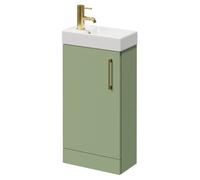 Napoli Compact Floor Standing Vanity Unit with 1 Tap Hole Basin and Single Door with Brushed Brass Handle | Olive Green | MDF | 400mm