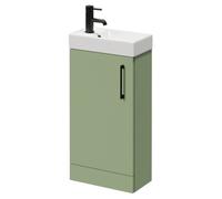 Napoli Compact Floor Standing Vanity Unit with 1 Tap Hole Basin and Single Door with Matt Black Handle | Olive Green | MDF | 400mm