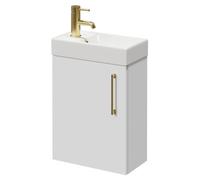 Napoli Compact Wall Mounted Vanity Unit with 1 Tap Hole Basin and Single Door with Brushed Brass Handle | Gloss White | MDF | 400mm
