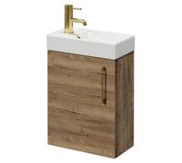 Napoli Compact Wall Mounted Vanity Unit with 1 Tap Hole Basin and Single Door with Brushed Brass Handle | Tobacco Oak | MDF | 400mm