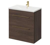 Napoli Floor Standing Vanity Unit with 1 Tap Hole Basin and 2 Drawers with Brushed Brass Handles | Brown Oak | MDF | 800mm