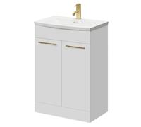 Napoli Floor Standing Vanity Unit with 1 Tap Hole Curved Basin and 2 Doors with Brushed Brass Handles | Gloss White | MDF | 600mm